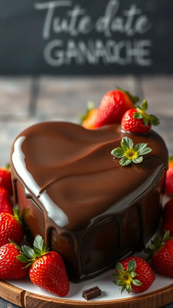 A heart-shaped chocolate ganache cake surrounded by fresh strawberries.