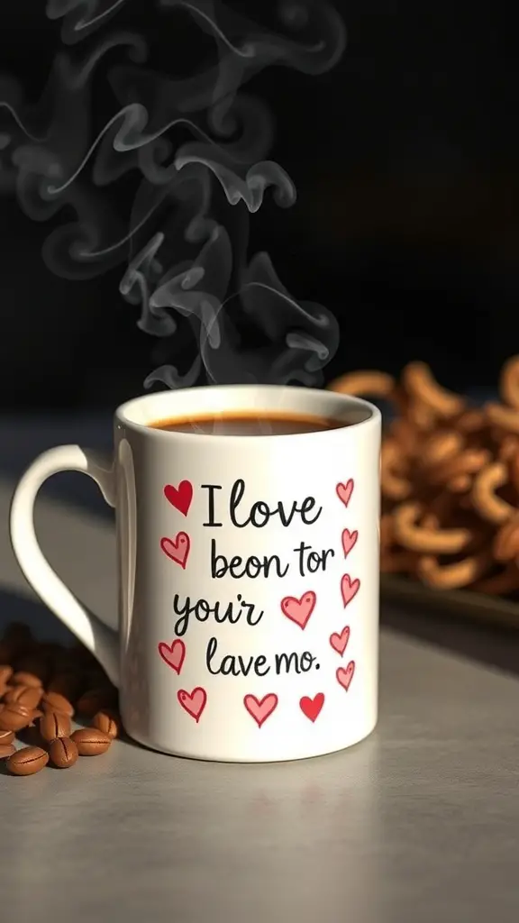 A personalized mug with a loving message and hearts, surrounded by coffee beans.