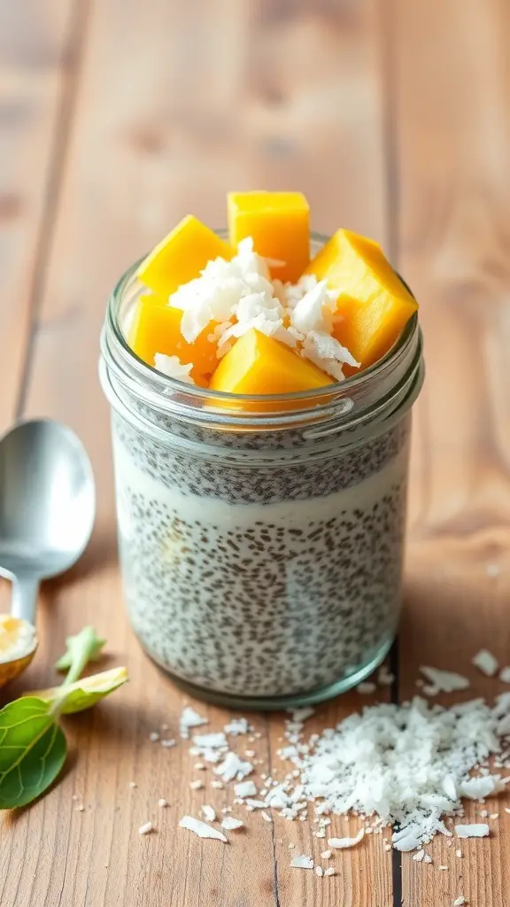45+ Creative Mother's Day Brunch Ideas 11 Chia seed pudding with coconut and mango in a jar