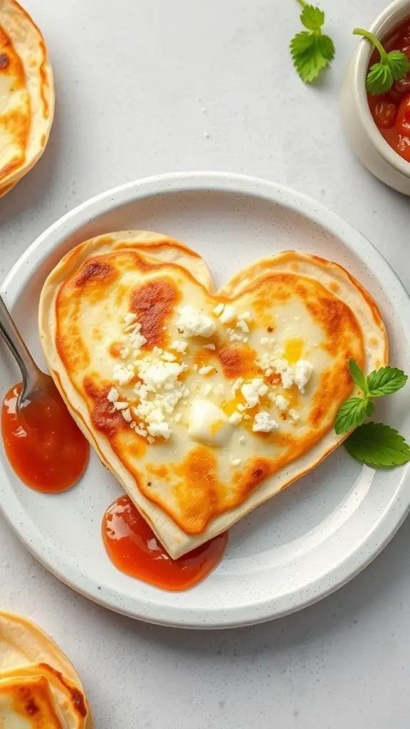 Heart-shaped quesadilla with cheese and sauce on a plate