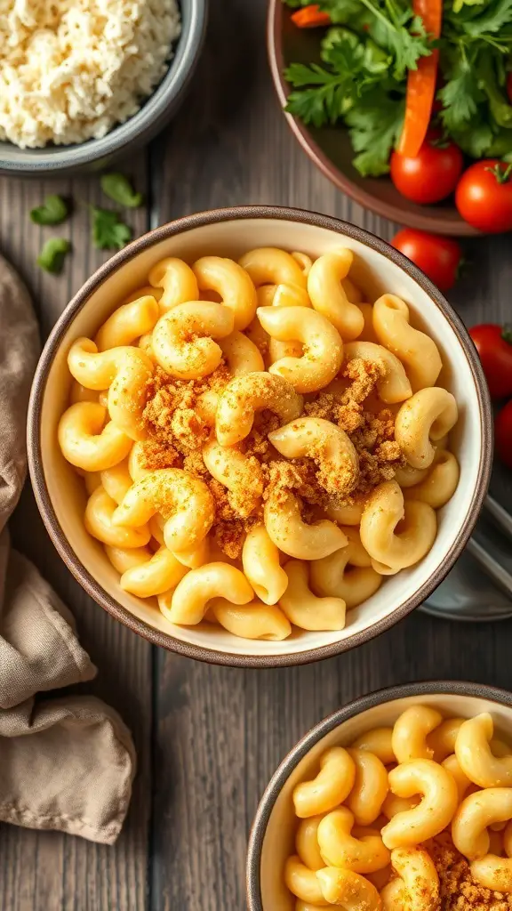 A bowl of macaroni and cheese topped with breadcrumbs, surrounded by fresh vegetables.