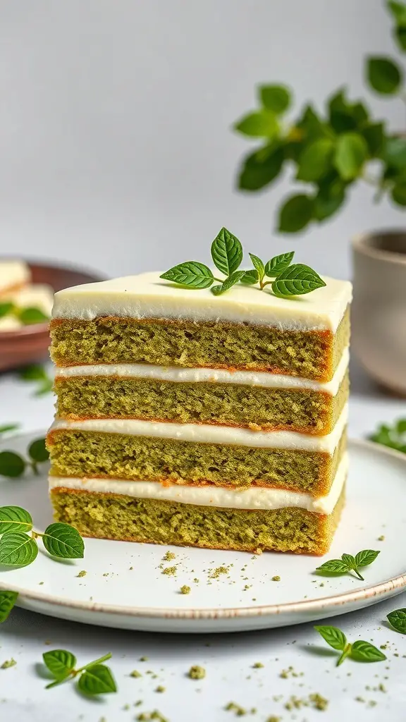 A slice of matcha green tea plant cake with layers and frosting, garnished with fresh leaves.