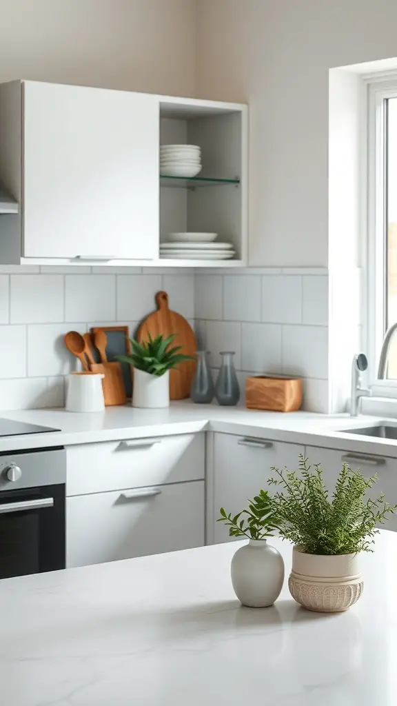 Minimalist kitchen countertop with plants and decorative items