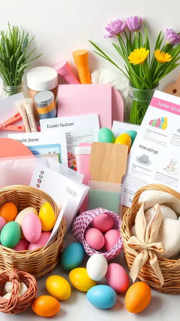 Colorful Easter basket kit with eggs, flowers, and crafting materials