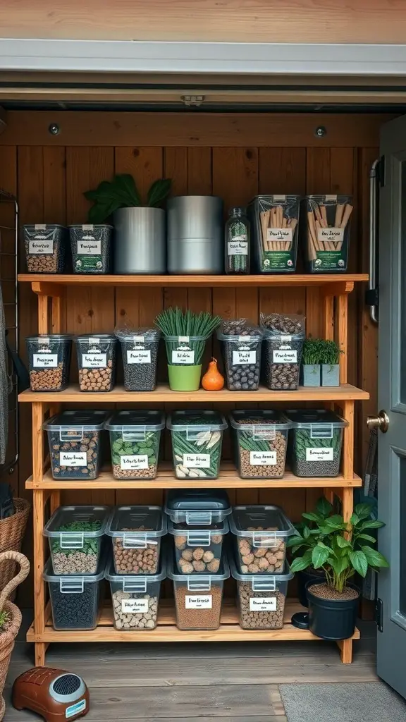 Organized seed and bulb storage in a garden shed with labeled containers on wooden shelves.