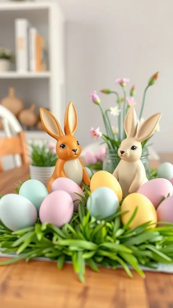 A spring tablescape featuring whimsical bunny decor with colorful eggs and flowers.