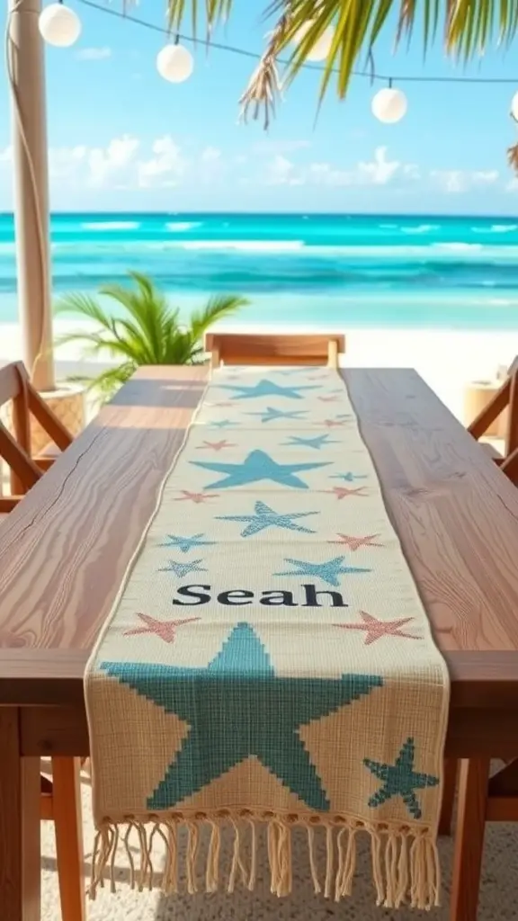 A beach-themed table runner with starfish designs on a wooden table by the ocean.