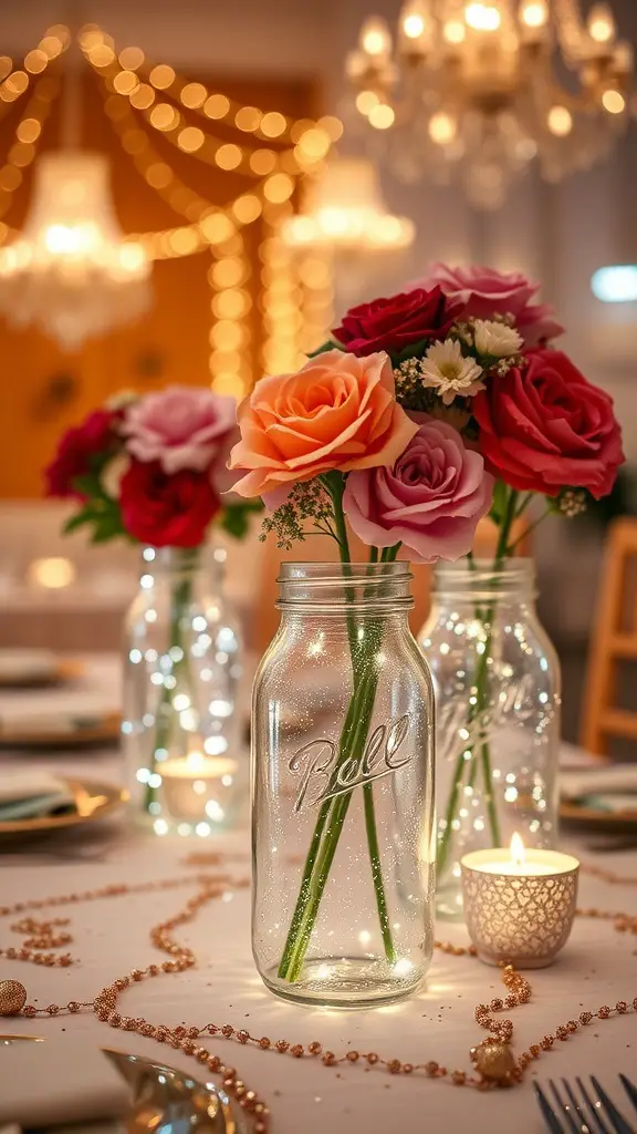 Glittery table centerpieces with mason jars, faux flowers, and candles