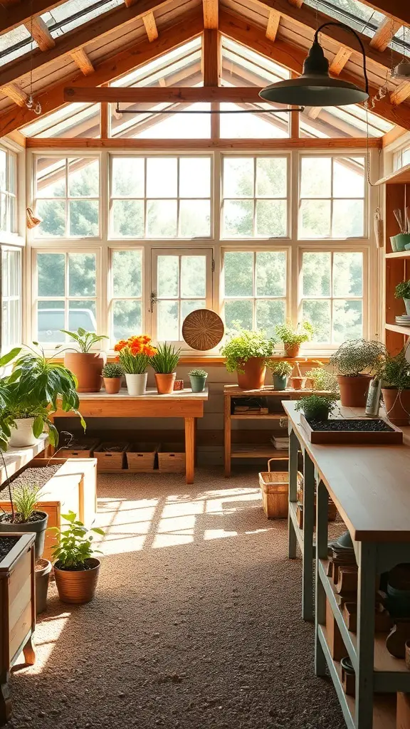 Bright potting shed with large windows and plants