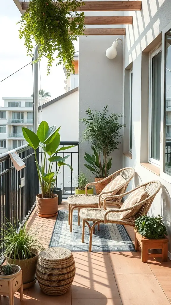 27+ Inspiring Flat Balcony Ideas 15 A cozy balcony featuring rattan chairs, potted plants, and natural decor.