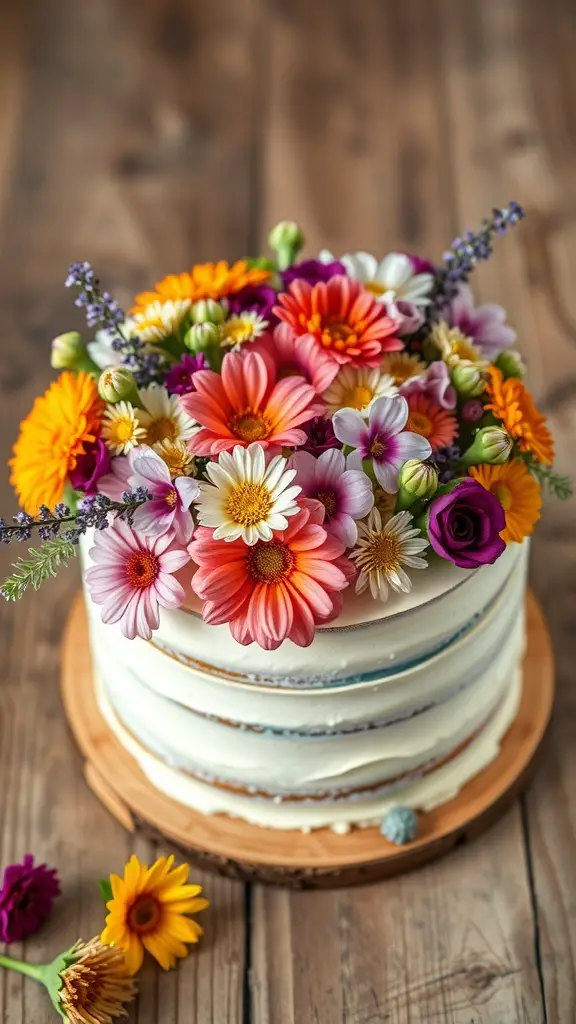 A rustic wildflower buttercream cake adorned with colorful flowers on top.