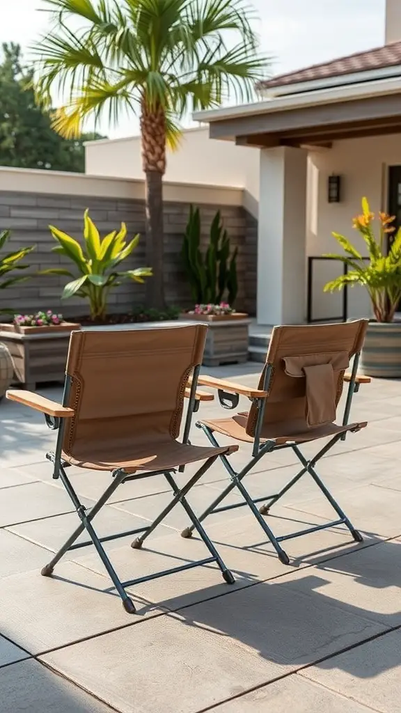 Two space-saving folding chairs with storage on a patio