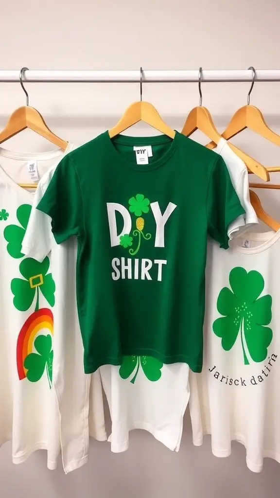 A green t-shirt with 'DIY SHIRT' text, surrounded by other St. Patrick's Day themed shirts featuring shamrocks and rainbows.