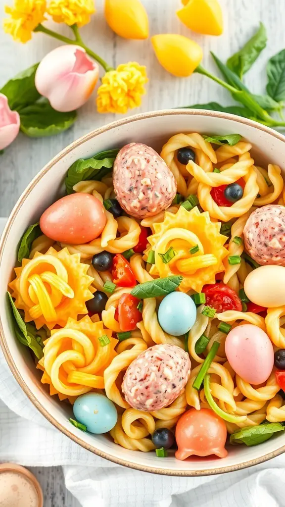 A colorful bowl of Easter Egg Pasta Salad with spiral and bowtie pasta, spinach, cherry tomatoes, blueberries, and decorative egg-shaped items.