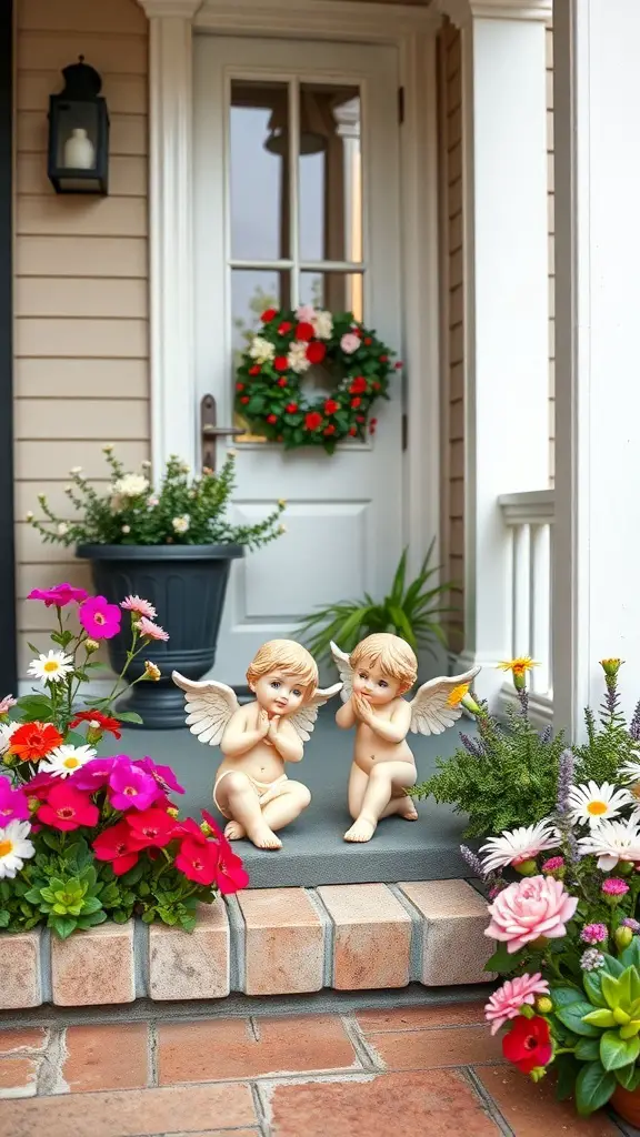 Two cute Cupid figurines sitting on a porch surrounded by colorful flowers.