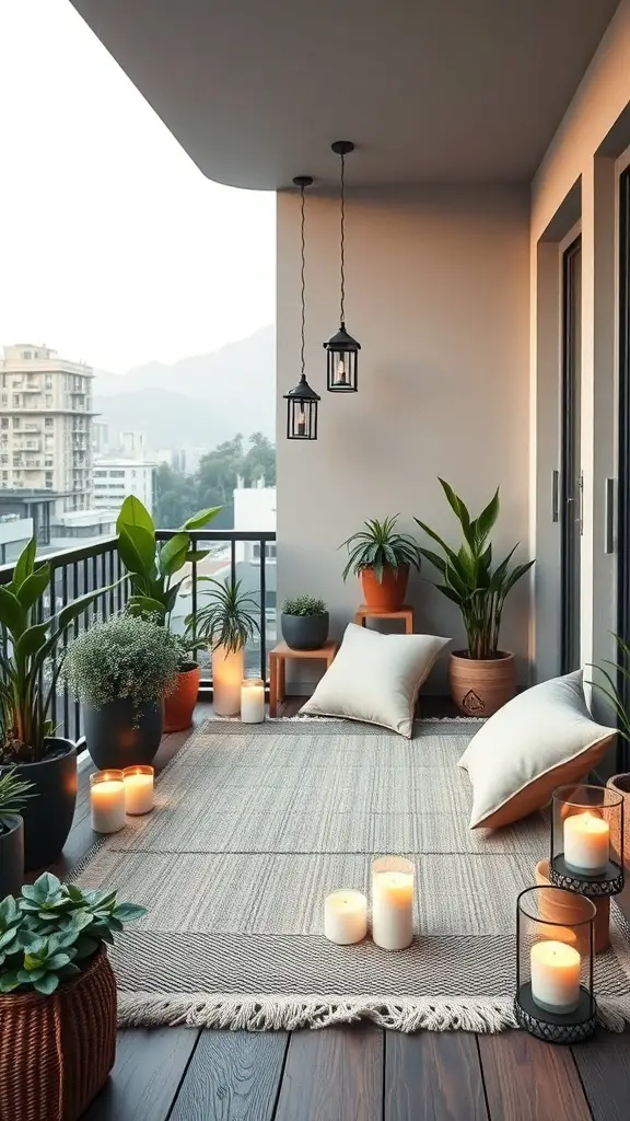 27+ Inspiring Flat Balcony Ideas 13 A peaceful balcony setup with cushions, plants, and candles for meditation.