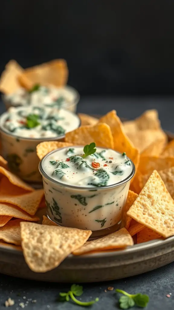 Spinach and artichoke dip cups surrounded by tortilla chips