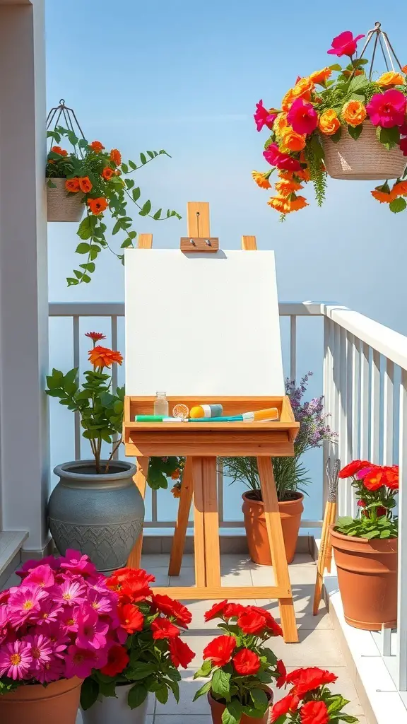 A balcony with an easel, blank canvas, and colorful flowers in pots and hanging planters.