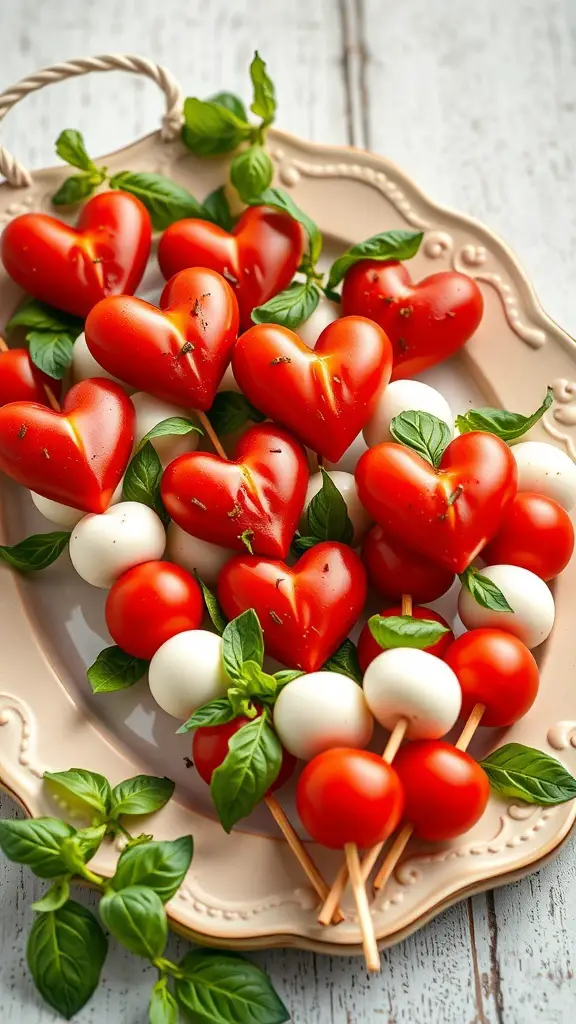 Heart-shaped Caprese skewers with mozzarella, tomatoes, and basil on a platter