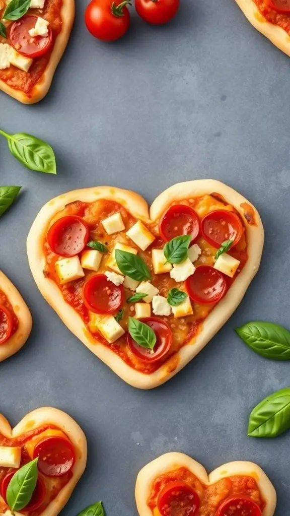 Heart-shaped mini pizzas topped with pepperoni, cheese, and basil on a gray surface.