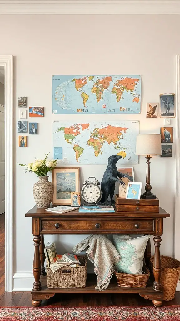 An entryway table decorated with travel-inspired items, including maps, photos, a bear figurine, and storage baskets.