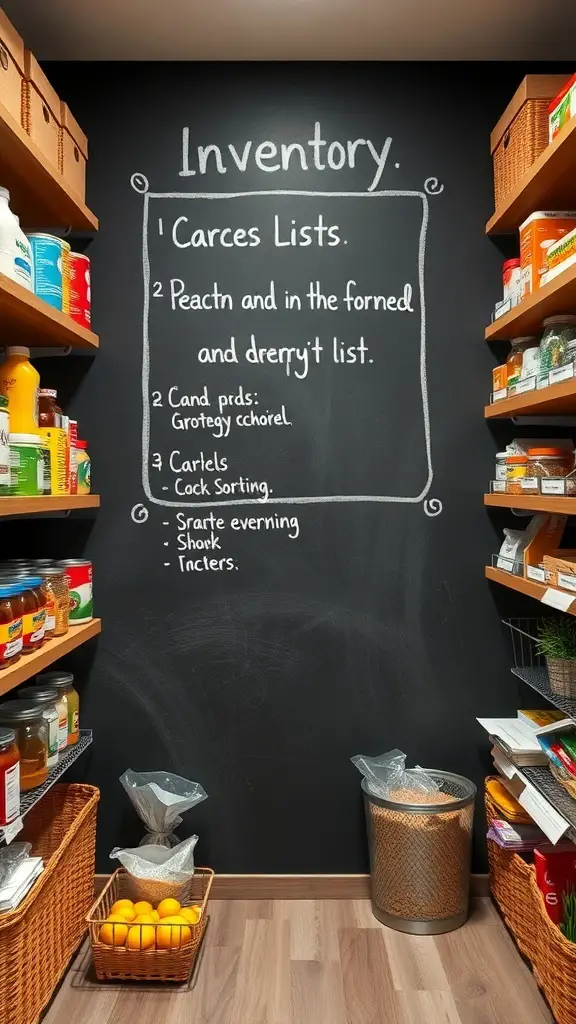 29+ Stylish Pantry Design Ideas to Elevate Your Storage Space 8 A chalkboard in a pantry listing inventory items, surrounded by organized shelves with food containers.