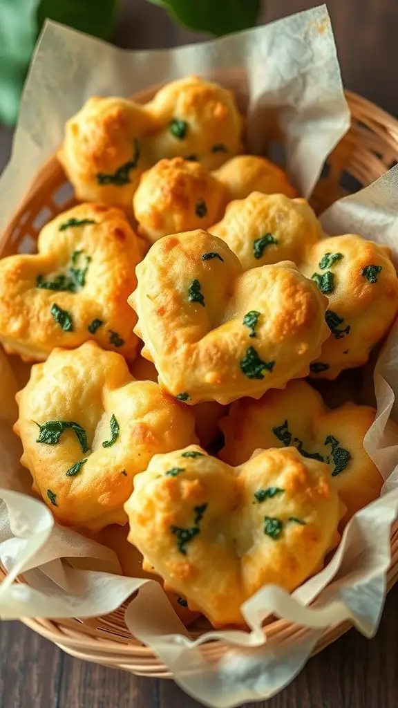 A basket filled with heart-shaped spinach and cheese puffs.