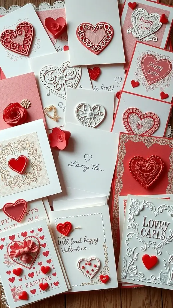 29+ Creative Valentine’s Crafts to Sell This Season 9 A collection of handmade Valentine cards featuring hearts and decorative elements in red and pink colors.