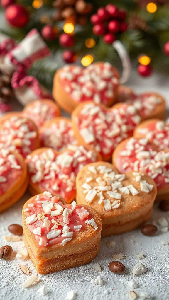 Heart-shaped cookies with pink icing and coconut flakes on top, set against a festive background.