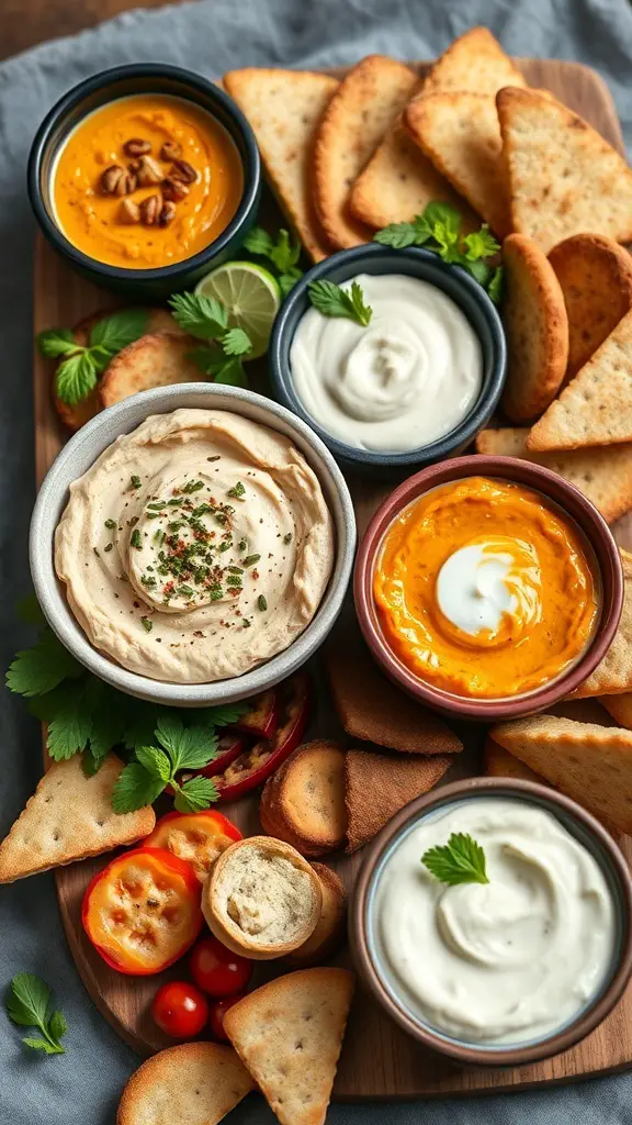 A colorful assortment of homemade dips and spreads on a wooden board, surrounded by pita chips and fresh herbs.