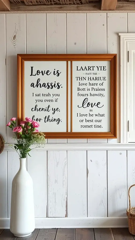 29+ Charming Farmhouse Valentine Decor Ideas You’ll Love 10 Cottage chic Valentine artwork with framed love quotes and a white vase of flowers