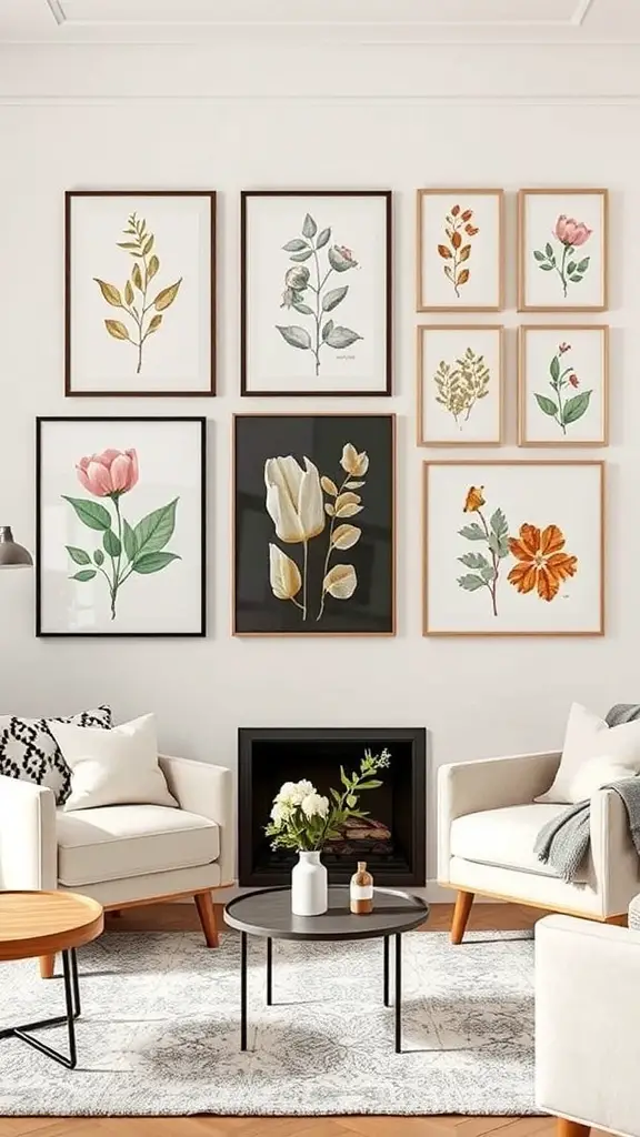 A gallery wall featuring various framed botanical prints in a cozy living room setting.
