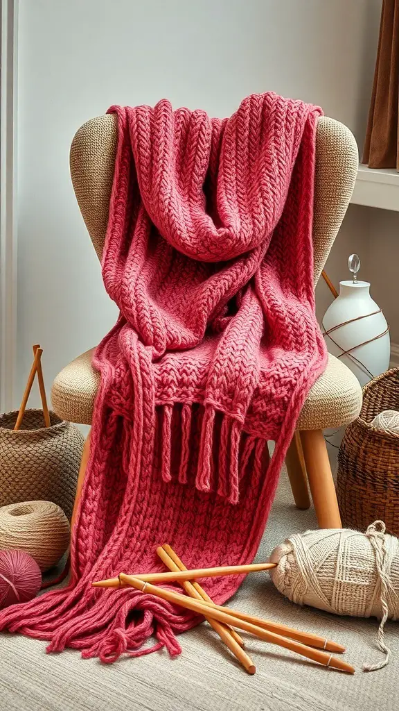 A cozy pink knitted scarf draped over a chair, surrounded by yarn and knitting supplies.