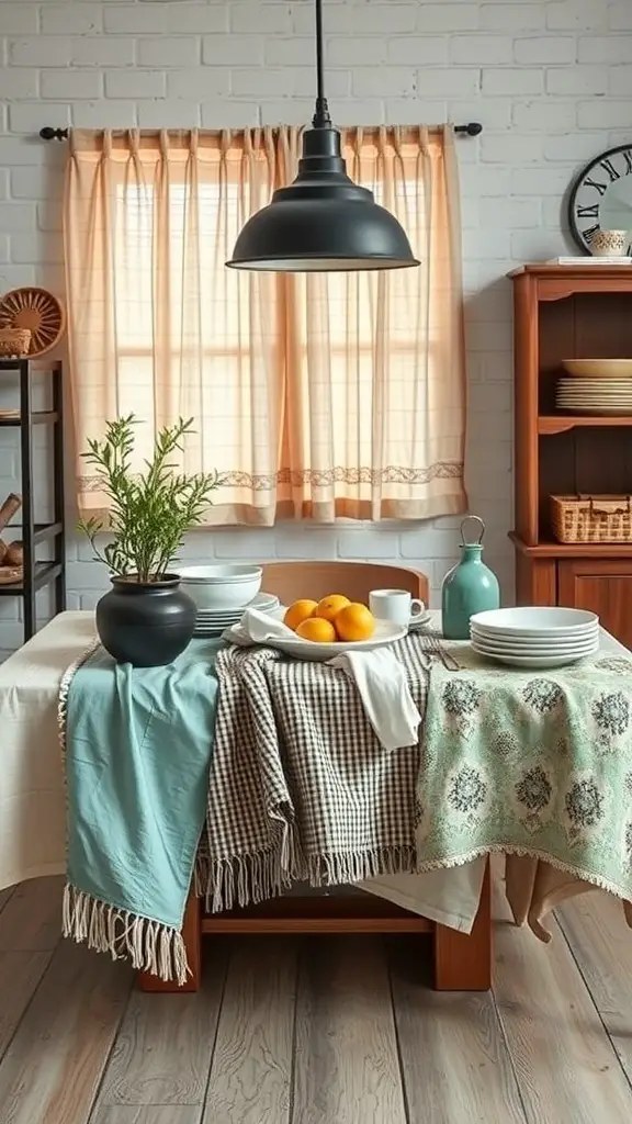A cozy kitchen table decorated with layered fabrics and textures, featuring a mix of tablecloths and a centerpiece of fruit.