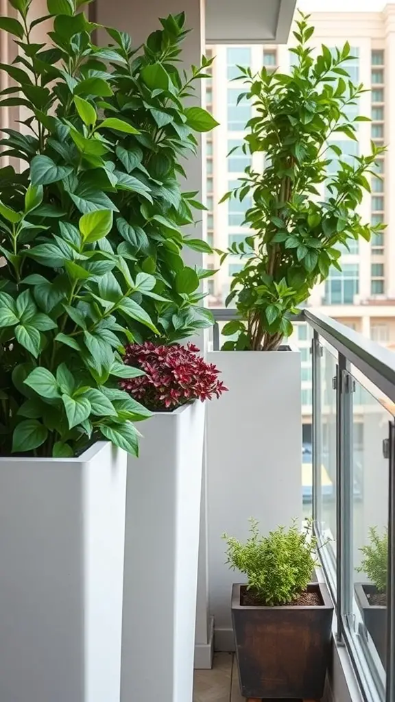 Tall planter boxes filled with lush green plants on a balcony