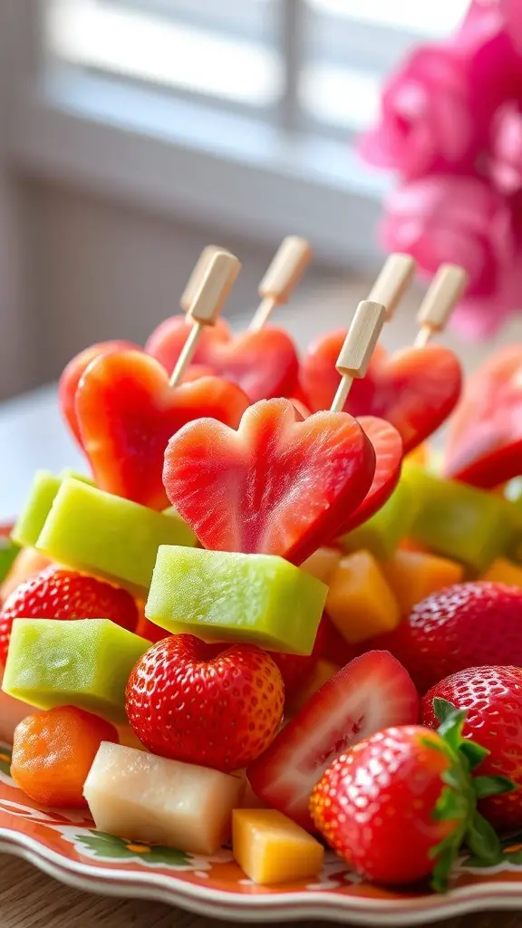 Colorful heart-shaped fruit skewers made with strawberries and melons