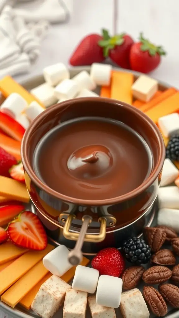 A chocolate fondue pot surrounded by strawberries, marshmallows, cheese, and nuts.