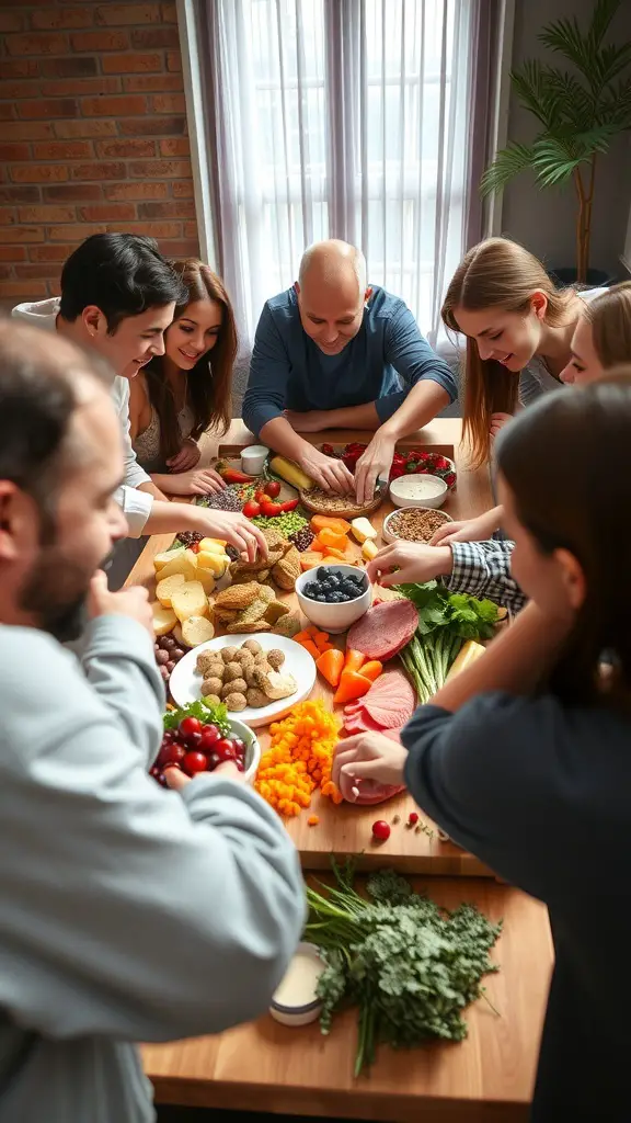 A group of friends enjoying an interactive grazing board filled with fruits, vegetables, and snacks.