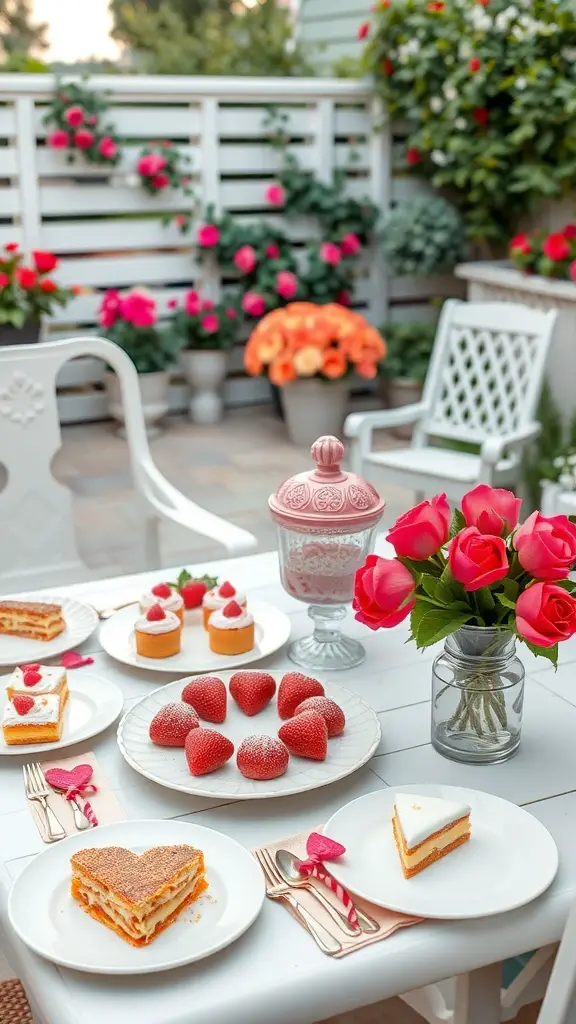 A beautifully arranged table with gourmet treats including heart-shaped cakes, cupcakes with strawberries, and fresh strawberries, complemented by pink roses.