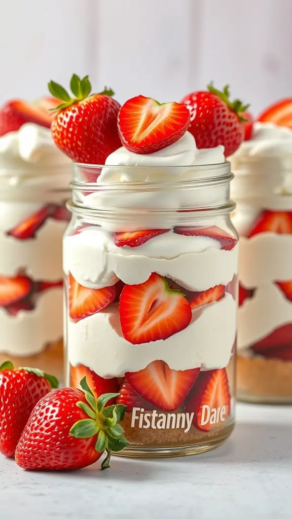 Strawberry shortcake jars with layers of cream and strawberries