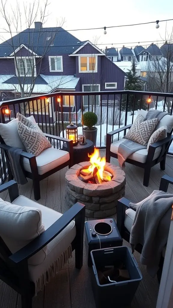 Cozy balcony with a fire pit, comfortable seating, and string lights