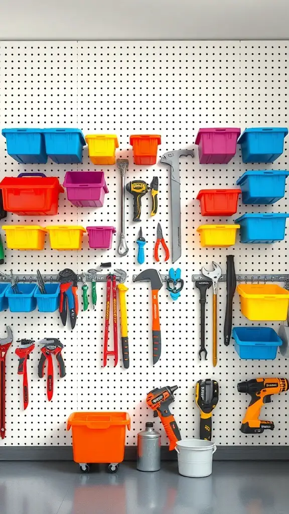 Colorful pegboard system with tools and storage bins