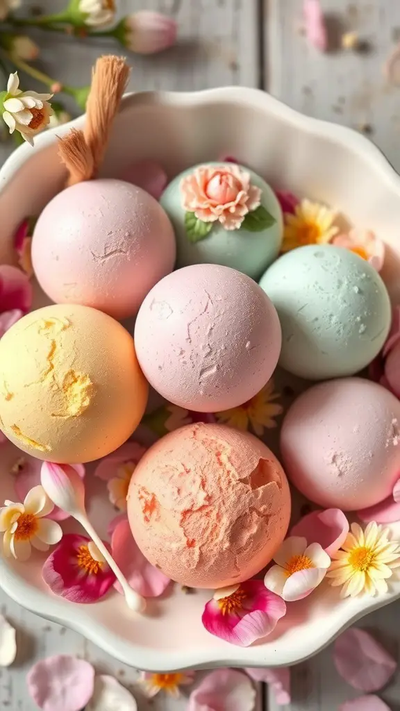 Colorful spring-themed bath bombs in a bowl surrounded by flowers