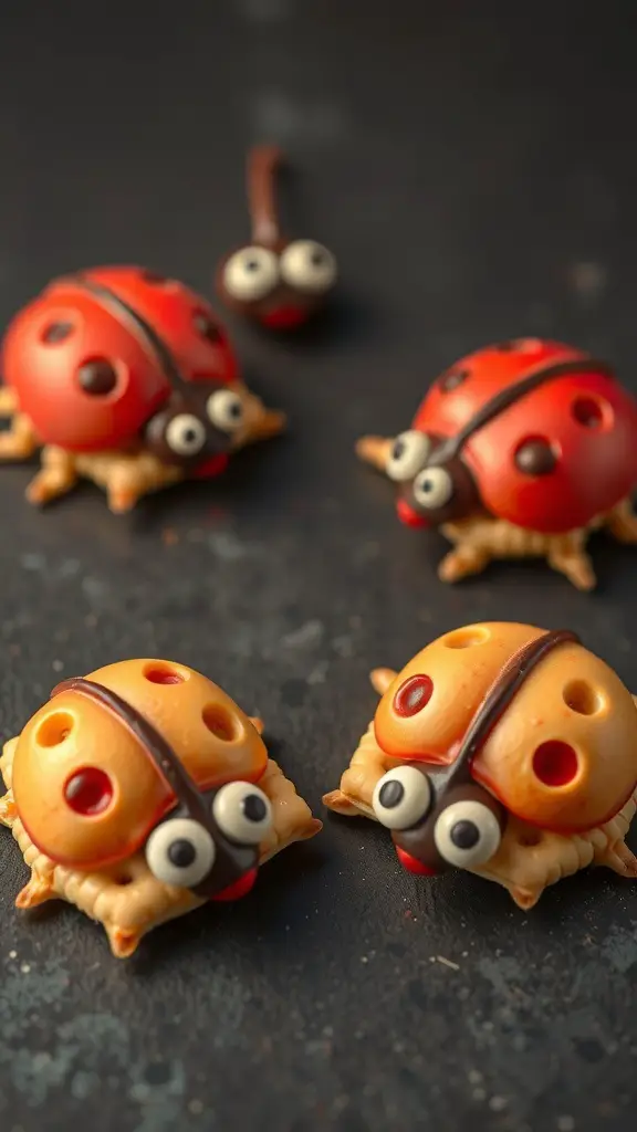 Cute ladybug-shaped cheese crackers with candy decorations