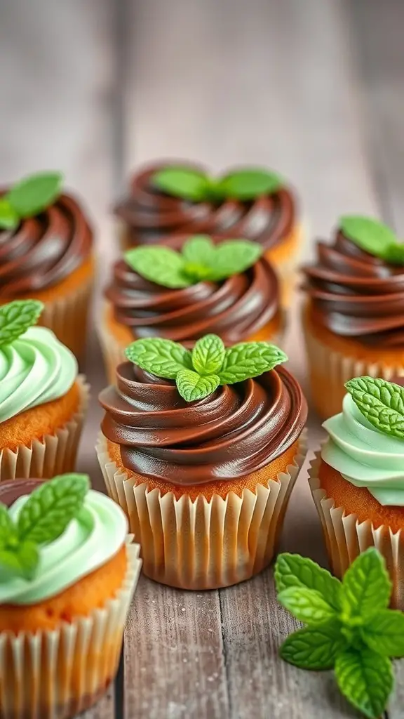 Mint chocolate heart-shaped cupcakes with chocolate frosting and mint leaves on top.