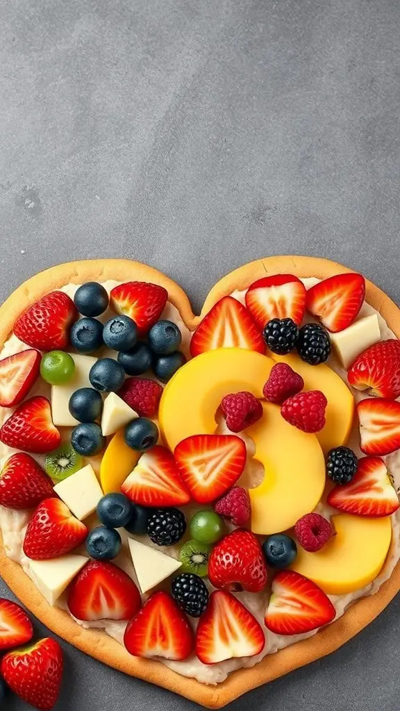 Heart-shaped fruit pizza topped with assorted fresh fruits and cream cheese frosting.