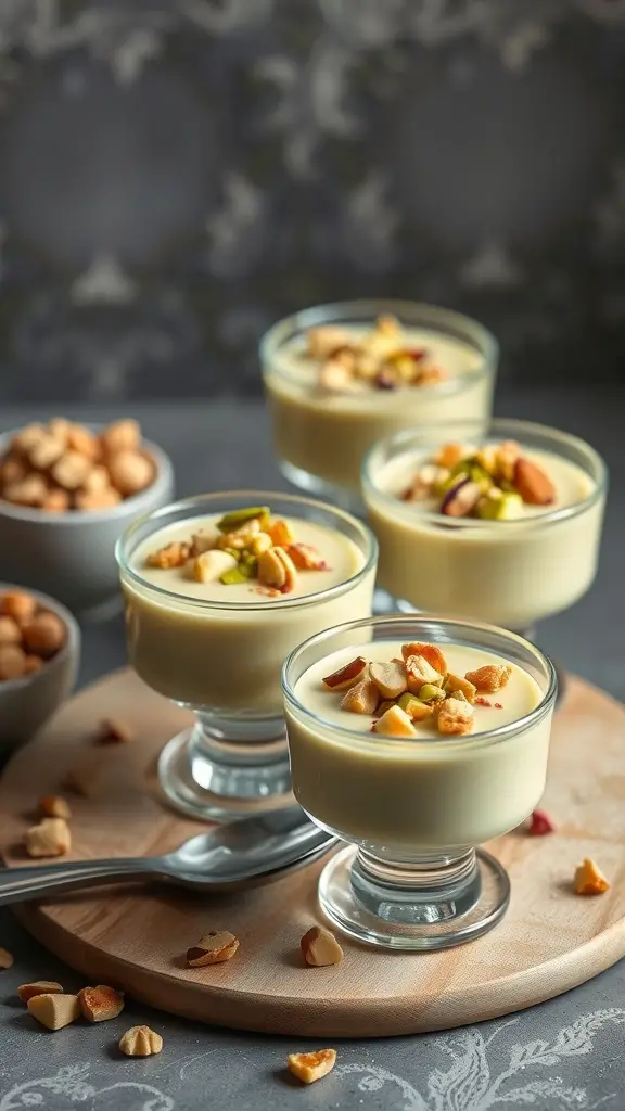Pistachio and rosewater pudding cups topped with nuts