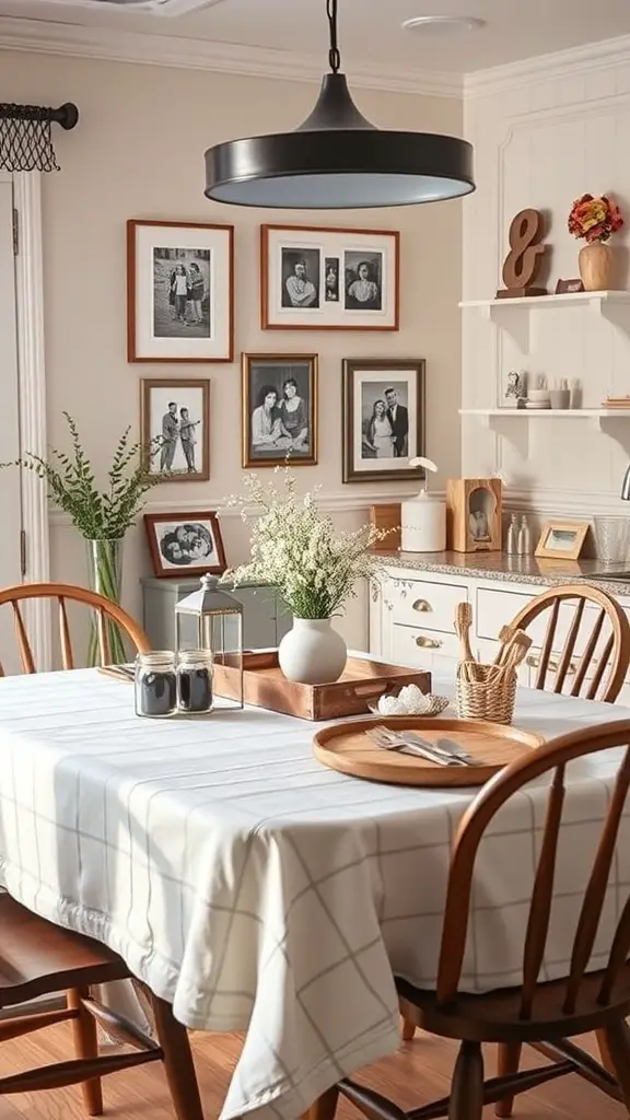 A cozy kitchen with a table set for family gatherings, featuring framed family photos on the wall.