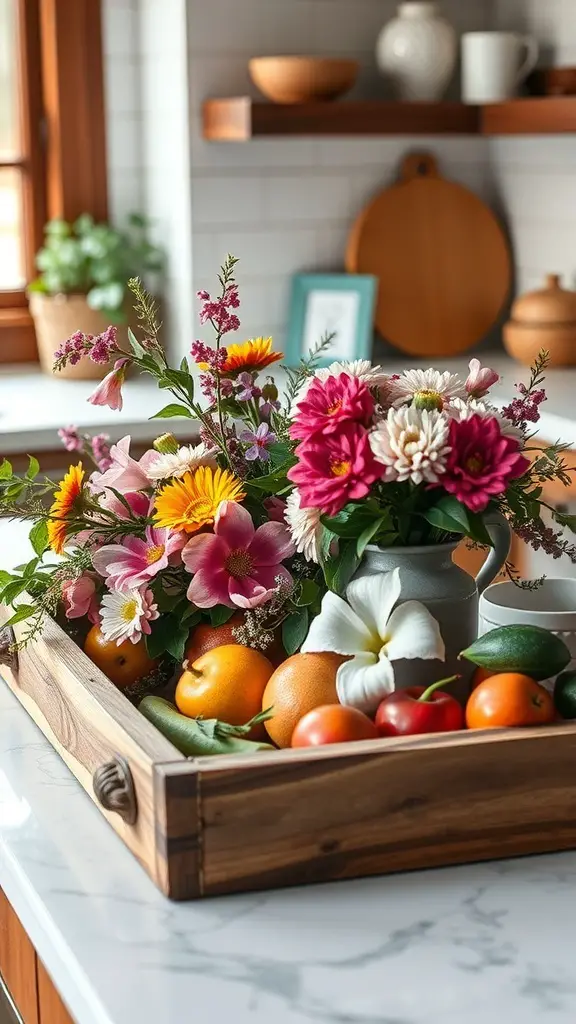 29+ Stunning Countertop Decor Ideas to Elevate Your Space 8 A rustic wooden serving tray filled with colorful flowers and fresh fruits on a kitchen countertop.