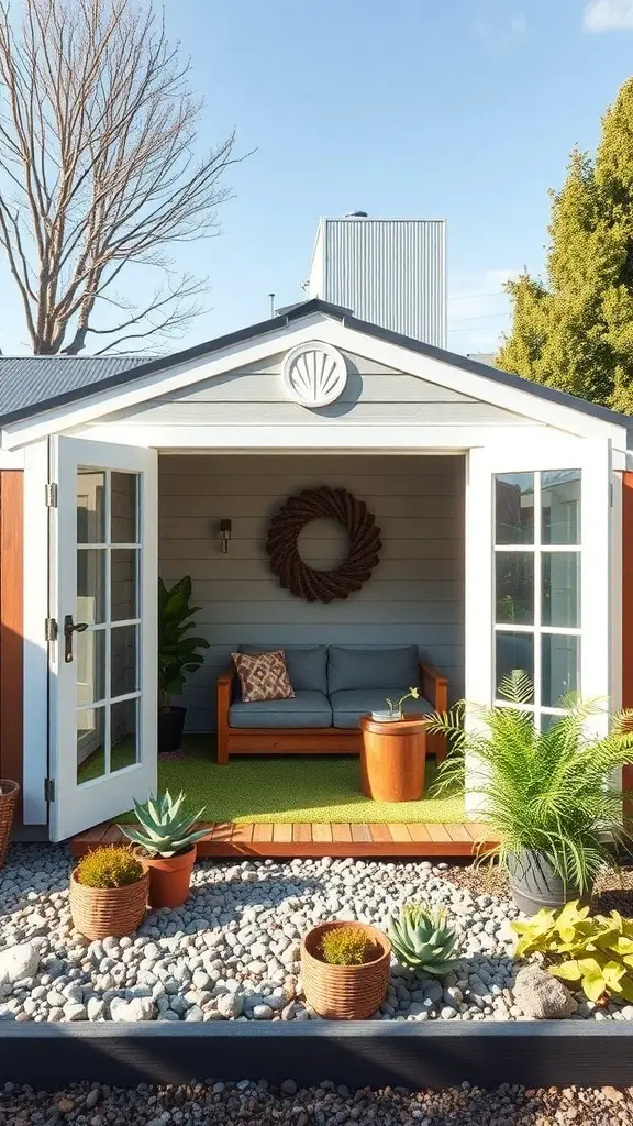 A modern backyard shed with double doors, a cozy seating area, and potted plants.